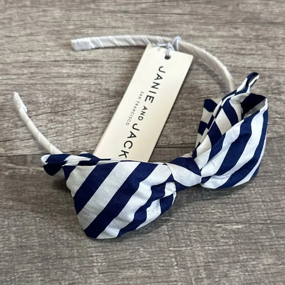 Janie and Jack NEW Set (2) Headbands Navy White Large Bow Gingham & Striped